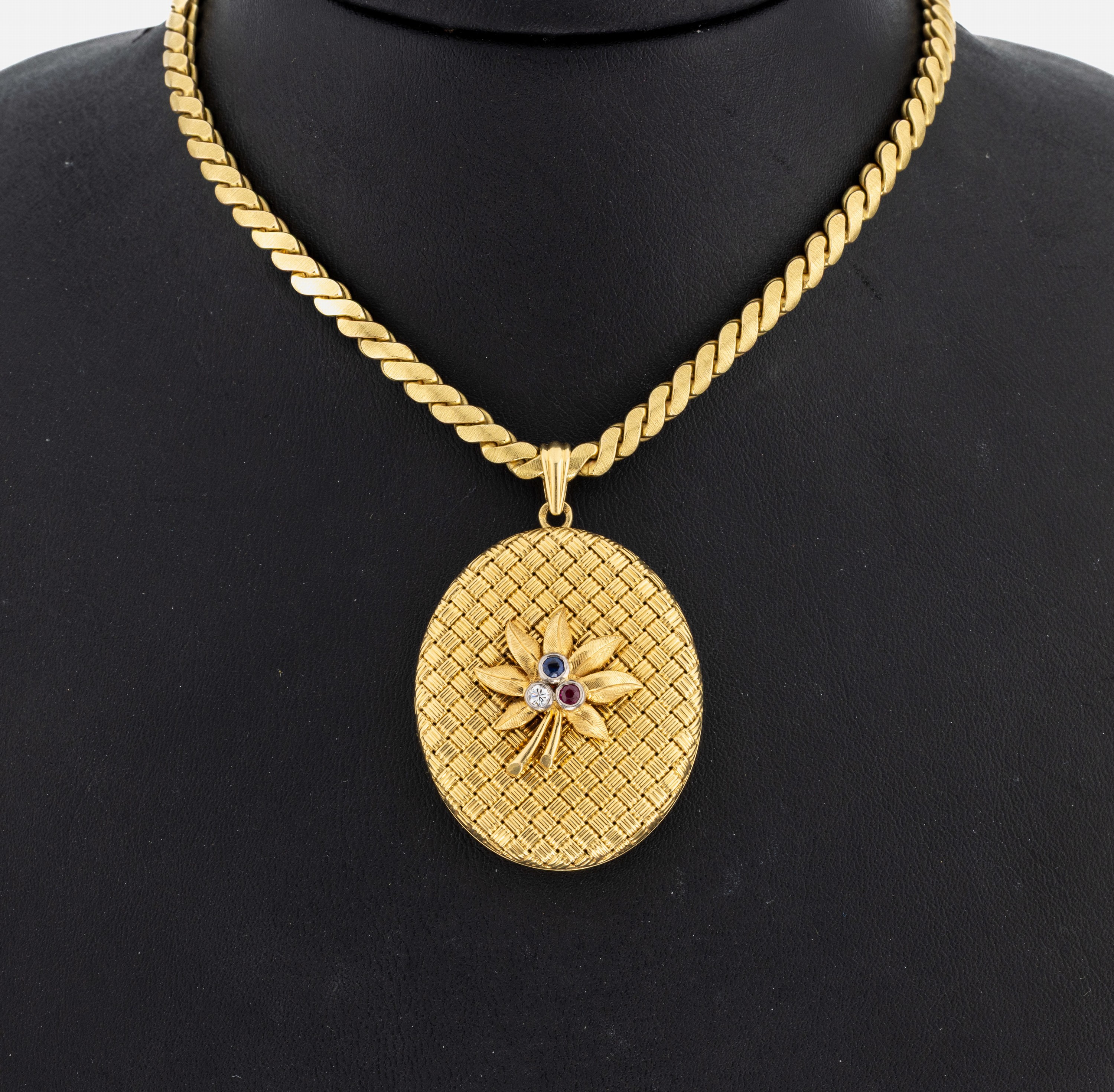 Image 27036471 - 18 kt Gold Brillant-Saphir-Rubin- Medaillonanhänger, GG 750/000 gepr., Deckel mit ...