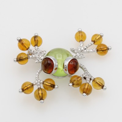 Image Brosche ´Frosch´ mit Farbsteinen und Bril- lanten, GG 750/000, Citrin und Beryllcabo- ...