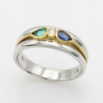 Image Ring mit Farbsteinen und Diamant, 950/Platin u. GG 750/000, Saphir u. Smaragdtropfen, ...