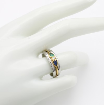 27036422a - Ring mit Farbsteinen und Diamant, 950/Platin u. GG 750/000, Saphir u. Smaragdtropfen, ...