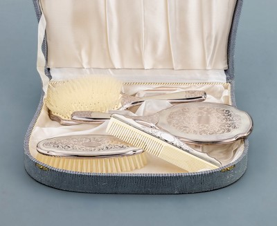27036441a - Hairdressing set , silver 835, german, 1950/60s, comprised of: 1 mirror, 1 hair brush, 1 ...