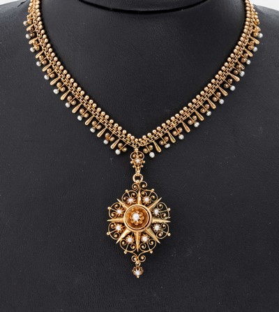 Image 14 kt Gold Perl-Collier, deutsch, um 1870-80, GG 585/000, Gliederkette mit kl. Kugeln ...