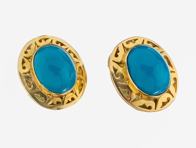 Image Paar 18 kt Gold Türkis-Ohrstecker, GG 750/000, 2 ovale Türkis-Cabochons (beh.), ...