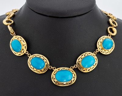 Image 18 kt Gold Türkis-Collier, GG 750/000, mittlere 5 Glieder, im Verlauf, oval, mit ...