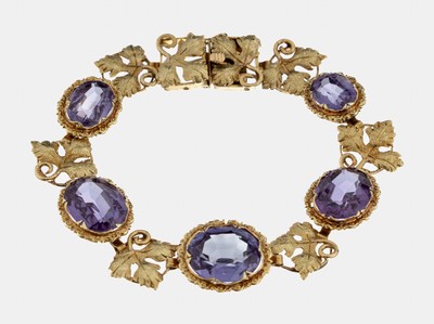 27036461a - 14 kt Gold Farbstein-Armband, 1960er Jahre, GG 585/000, 5 ovalfacett. synth. Korunde, ...