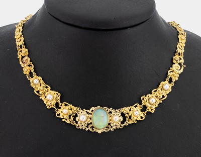 Image 14 kt Gold Opal-Perl-Collier, GG 585/000, Glieder im Barockstil mit Rocaillen, Voluten ...
