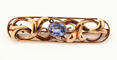 27036472a - 14 kt Gold Saphir-Brosche, um 1930, GG 585/000, ovale Grundform, abstrakt floral, ...