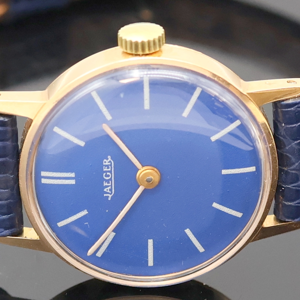 Detail a: JAEGER Damenarmbanduhr in RG 750/000, Frankreich/Schweiz um 1970, Handaufzug, 2-tlg. französisches Geh., Boden aufgedr., blaues Zifferbl., weiße ...