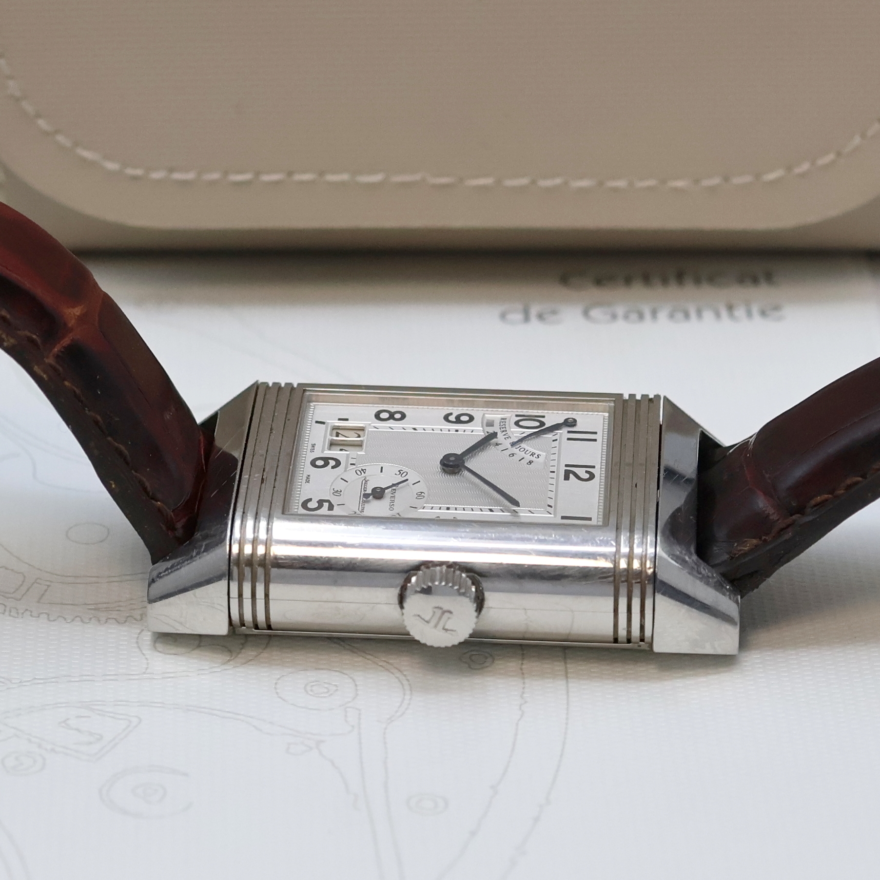 Detail b: Jaeger-LeCoultre Reverso Grande Date Armbanduhr Referenz 240.8.15, Schweiz verk. lt. beil. Pap. 10/2007, Handaufzug, um 180 Grad drehb. ...