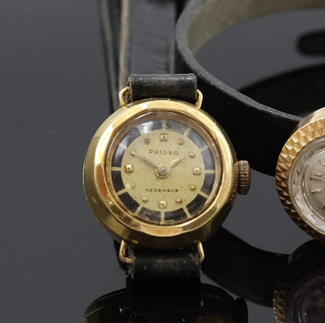 Detail b: NIVADA und PRIOSA 2 Damenarmbanduhren in GG und RG 585/000, Schweiz um 1960, Handaufzug, Böden aufgedr., 1x silb. Zifferbl., gold. Std.-Ind. u. ...