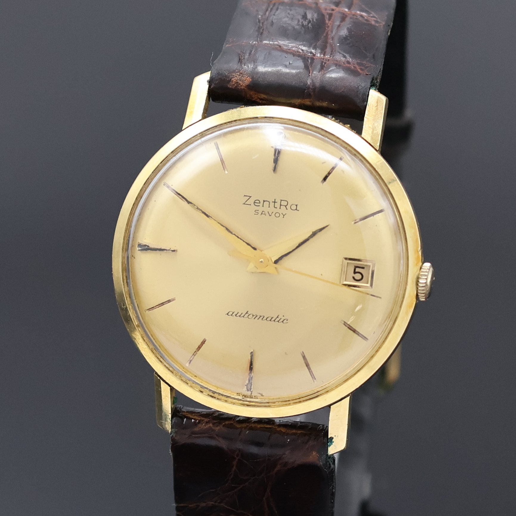 Detail a: ZENTRA Savoy Armbanduhr in GG 585/000, Schweiz um 1960, Automatik, Boden u. Glasrand aufgedr., gold. Zifferbl. m. aufges. Std.- Ind., gold. Zeiger, ...