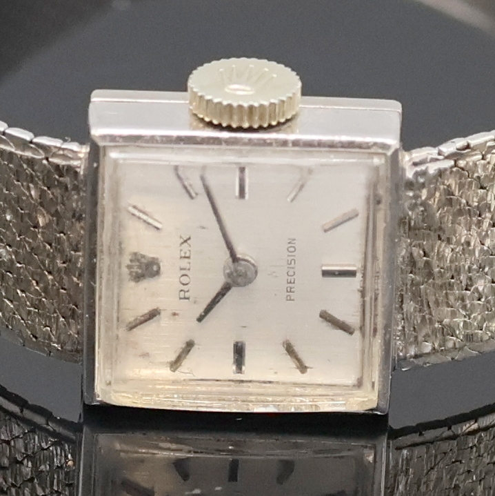 Detail a: ROLEX Precision Damenarmbanduhr in WG 750/000, Schweiz 1960er Jahre, Handaufzug, Bucherer Goldband, Boden aufgedr., silb. Zifferbl. m. aufges. ...