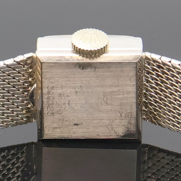 Detail d: ROLEX Precision Damenarmbanduhr in WG 750/000, Schweiz 1960er Jahre, Handaufzug, Bucherer Goldband, Boden aufgedr., silb. Zifferbl. m. aufges. ...