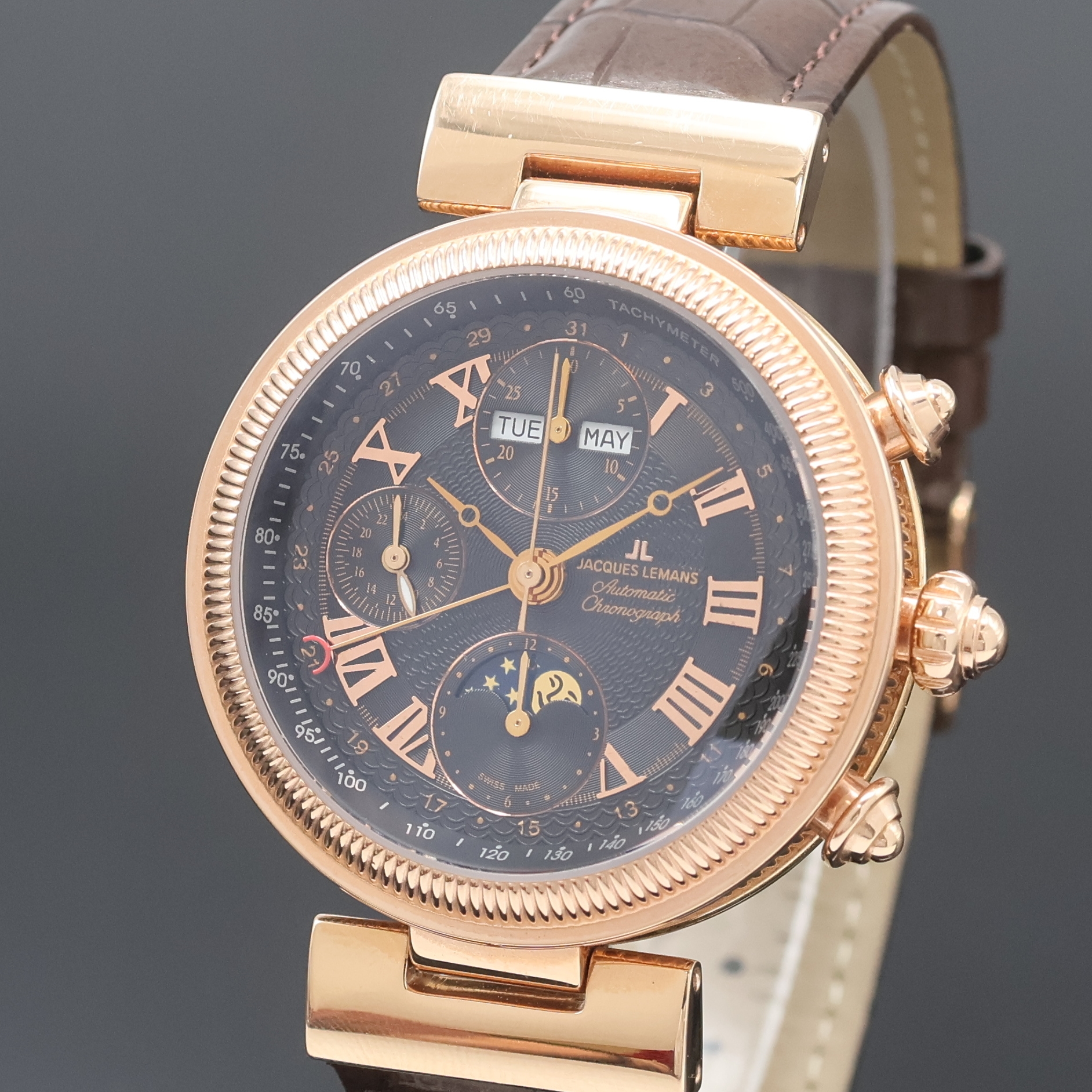 Detail a: JACQUES LEMANS vergoldeter Armbandchronograph mit Vollkalender Referenz 1-1217, Schweiz um 2005, Automatik, beids. vergl. Geh., Boden verschr., ...