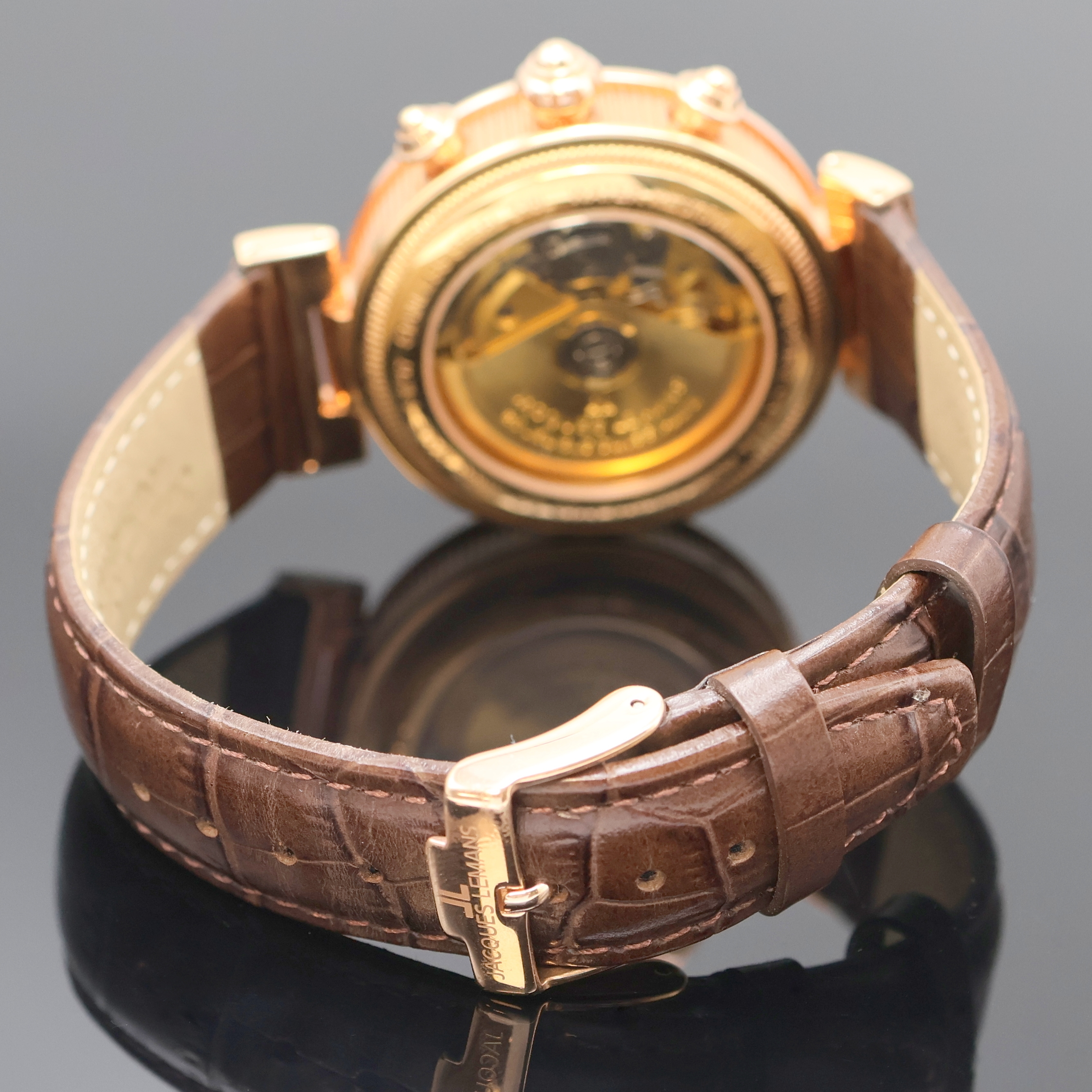 Detail c: JACQUES LEMANS vergoldeter Armbandchronograph mit Vollkalender Referenz 1-1217, Schweiz um 2005, Automatik, beids. vergl. Geh., Boden verschr., ...
