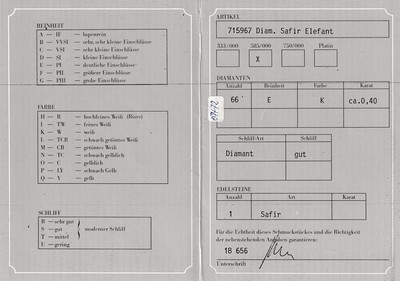 27036512a - 14 kt Gold Diamant-Saphir-Clipanhänger, GG/WG 585/000, Elefant, 66 in WG gefasste 8/8 ...