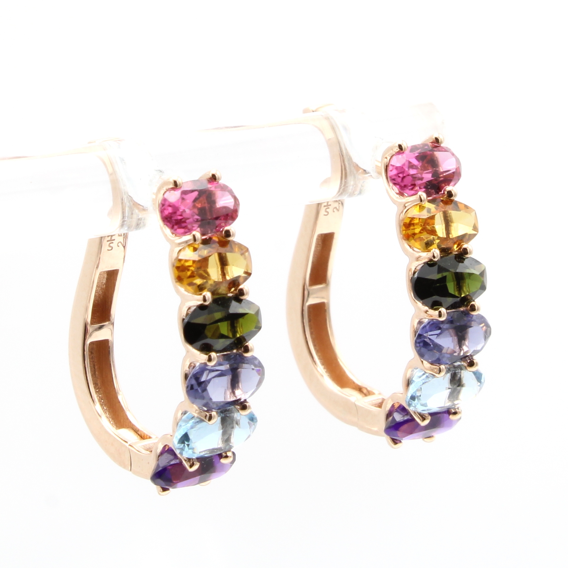 Image 27036615 - Paar Klappcreolen mit Farbsteinen, RoséG 585/000, Aquamarine, Citrine, Iolithe, Turma- ...