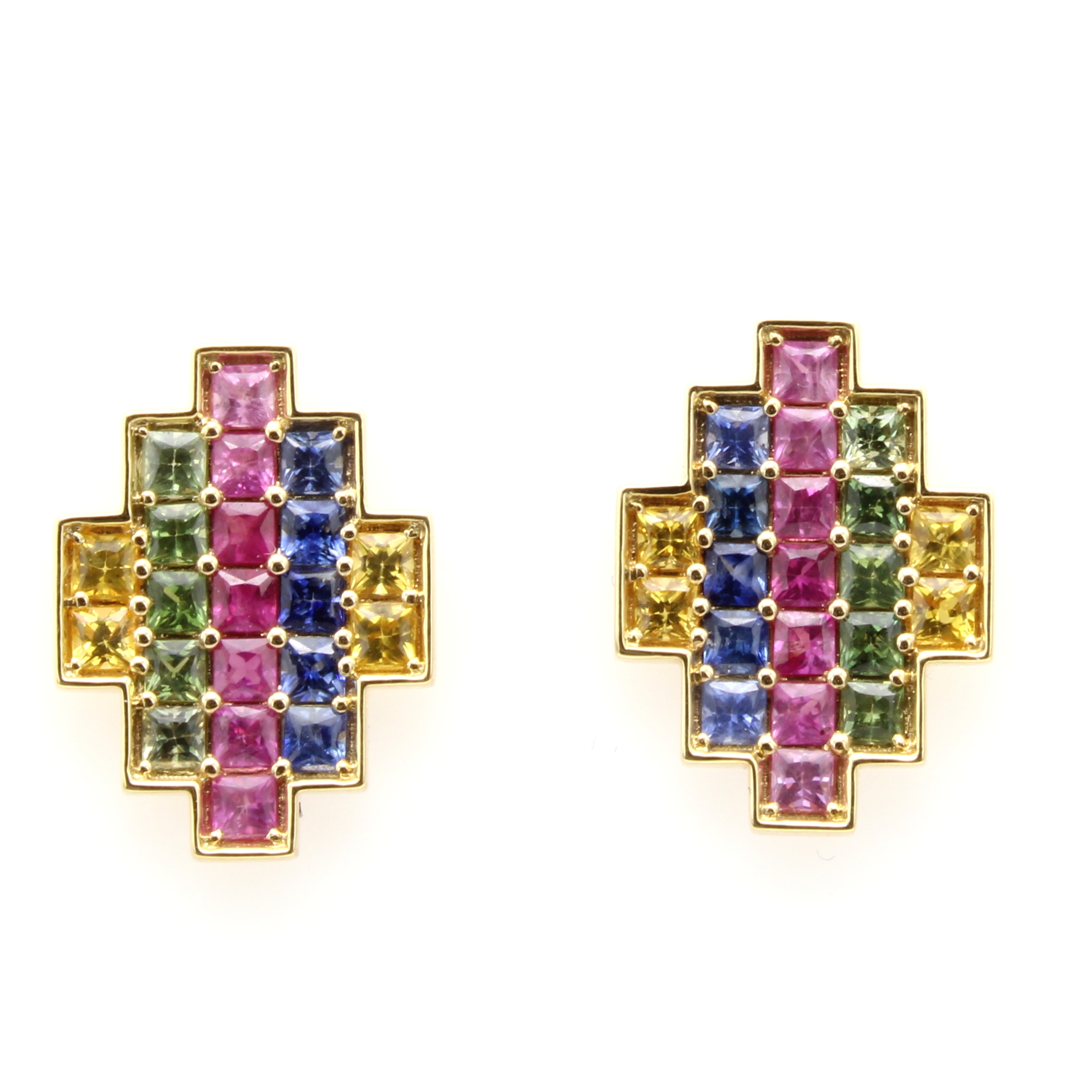 Image 27036624 - Paar Ohrstecker mit Saphiren, GG 750/000, bunte Saphircarrées zus. ca. 3.54 ct ...