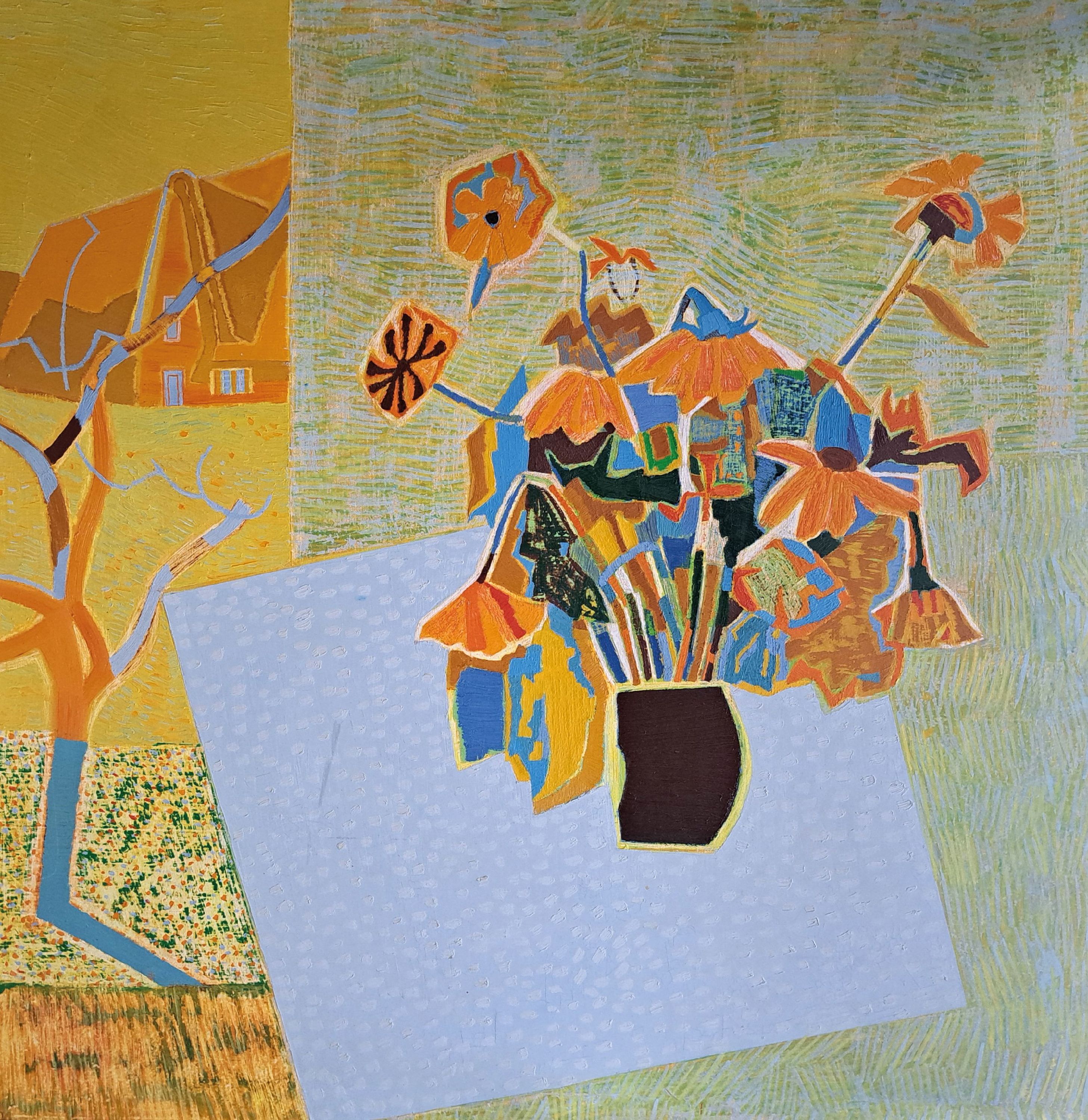 Detail k: Dimitar Petrov, geb. 1969, Blumenstillleben, Oszillation zwischen starker Farbigkeit und abstrahierender Form, sign., Öl/Lwd, ca. 100x100 cm