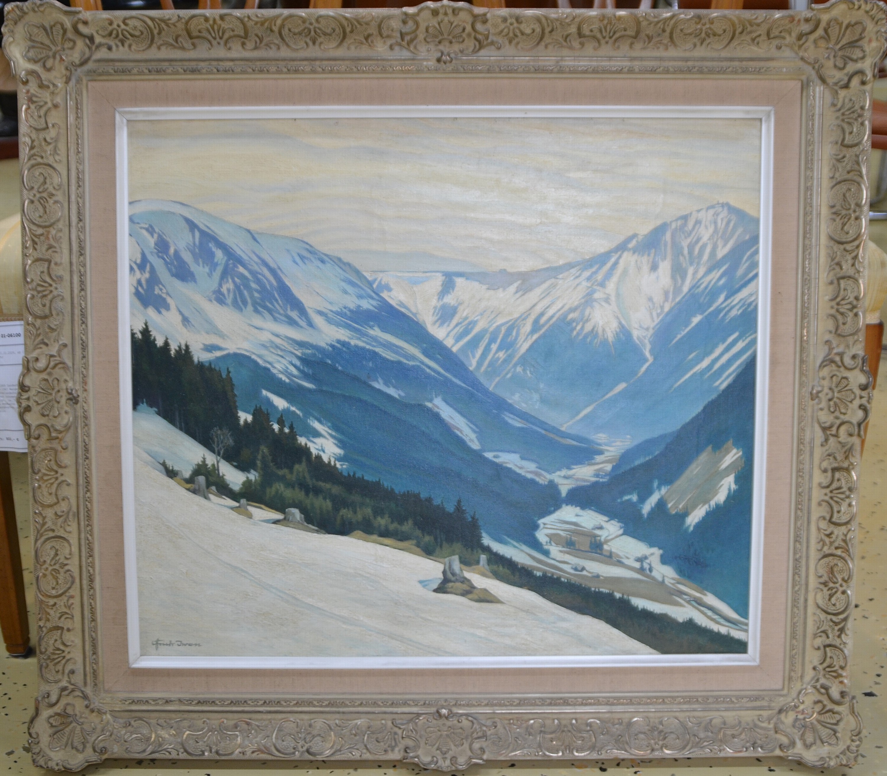 Detail b: Friedrich Iwan, 1889 Landeshut in Niederschlesien- 1967 Wangen im Allgäu, Verschneite Winterlandschaft im Riesengebirge mit Schneekoppe, Öl/Lwd, ...