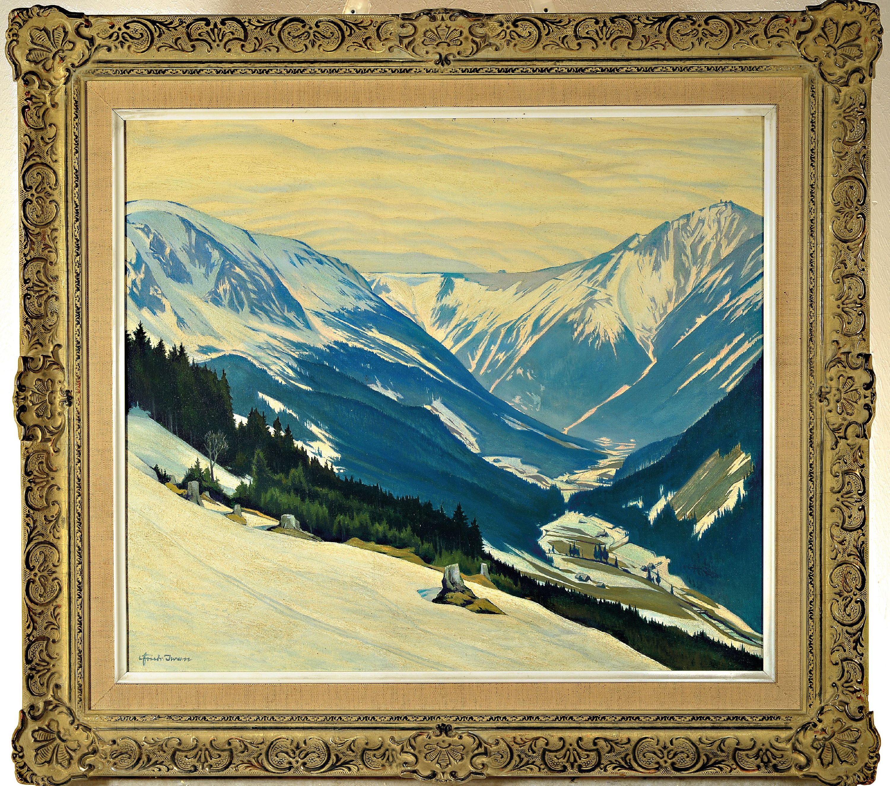 Detail k: Friedrich Iwan, 1889 Landeshut in Niederschlesien- 1967 Wangen im Allgäu, Verschneite Winterlandschaft im Riesengebirge mit Schneekoppe, Öl/Lwd, ...