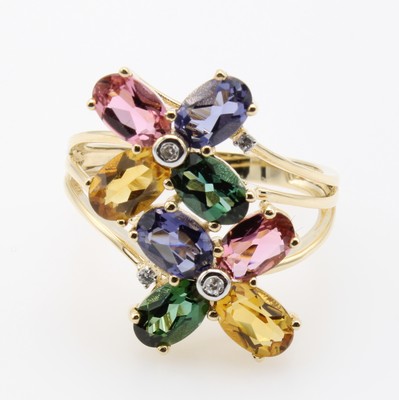 27036639a - Ring mit Farbsteinen und Brillanten, GG 585/000, 4 Brill. zus. ca. 0.03 ct feines ...