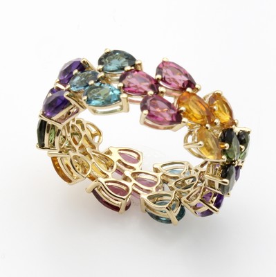 27036642a - Ring mit Farbsteinen, GG 585/000, tropfen- förmige Turmaline, Rhodolithe, Amethysten u. ...
