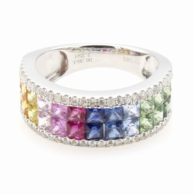 27036652a - Ring ´Rainbow´ mit Saphiren und Brillanten, WG 585/000, 24 bunte Saphircarrées zus. ca. ...