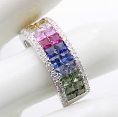 27036652b - Ring ´Rainbow´ mit Saphiren und Brillanten, WG 585/000, 24 bunte Saphircarrées zus. ca. ...