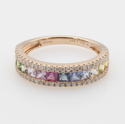 27036654a - Ring ´Rainbow´ mit Saphiren und Brillanten, RoséG 585/000, 12 bunte Saphirecarrées ...