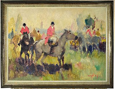 27036698k - Walter Prescher van Ed, 1916 Dresden-1988 Ottendorf, Aufbruch zur Jagd, rückseitig so ...