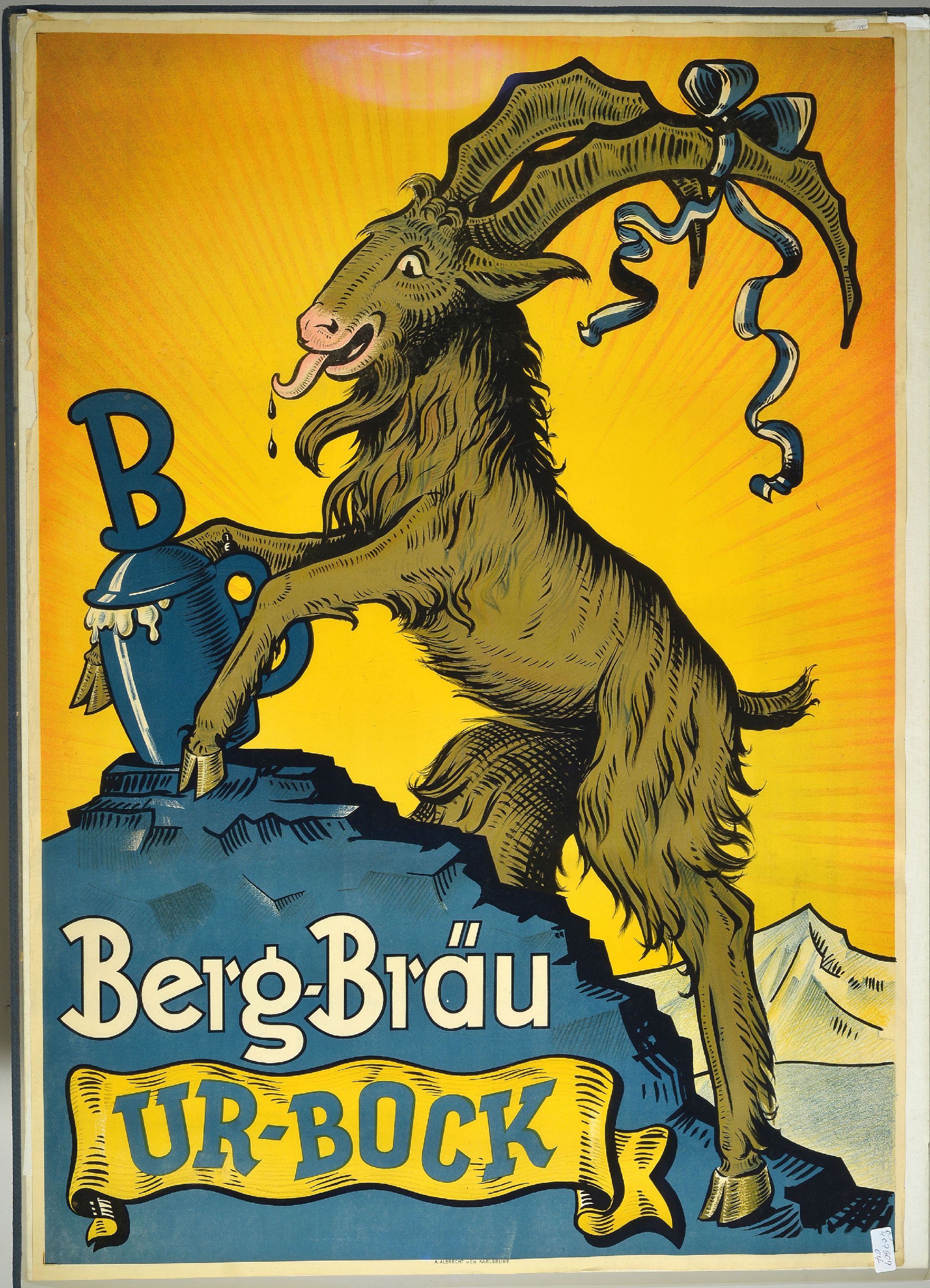 Detail k: Werbe-Plakat, deutsch, 1920er/30er Jahre, für Ur-Bock von Berg-Bräu Leimen, Farblithographie, gedruckt bei A. Albrecht und Cie Karlsruhe, seitlich ...