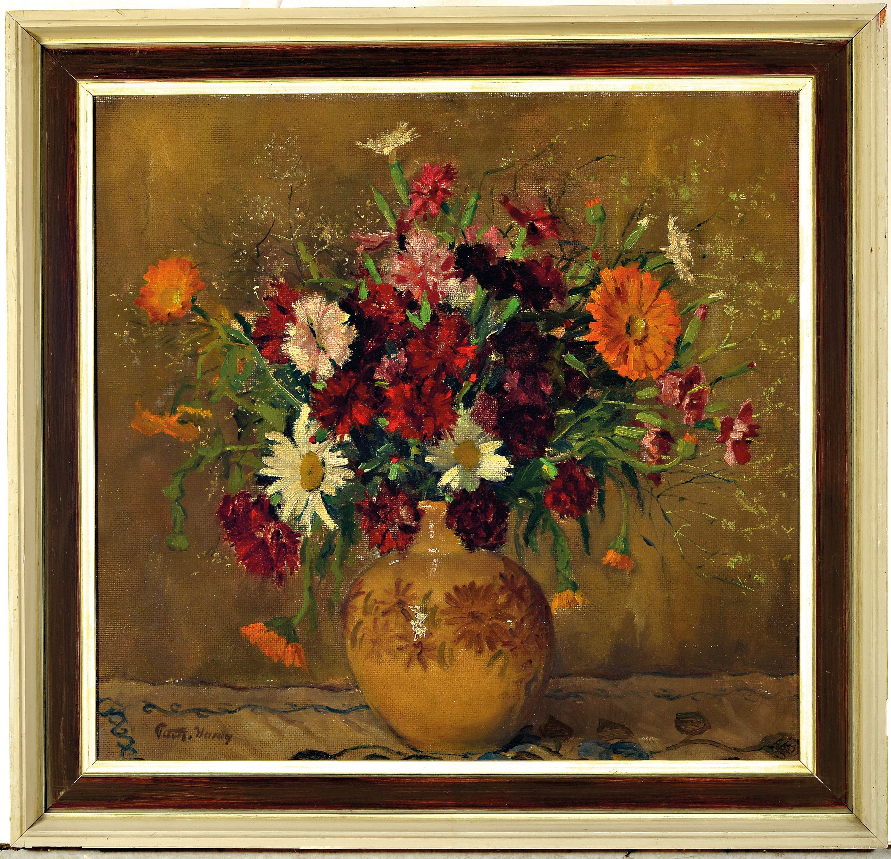 Detail k: Paul Hardy, Maler der 1. Hälfte des 20. Jh., Stillleben mit Sommerblumen in Keramikvase, Öl/Hartfaser, links unten sign., ca. 48x50cm, R. ca. ...