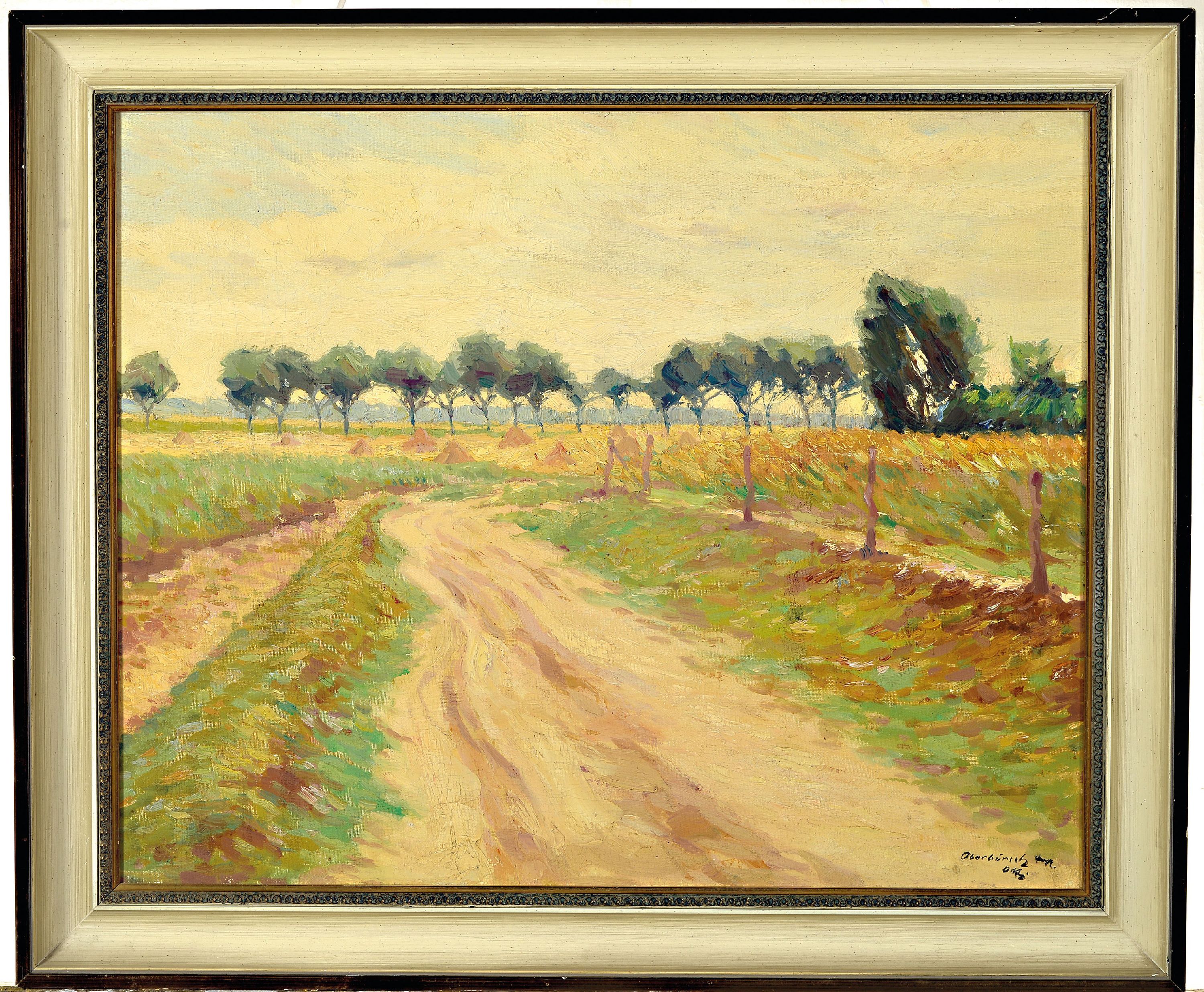 Detail k: Alfred Otto, 1873-1953 Berlin, Landschaft bei Oberbörsch, Baum bestandener Feldweg, Öl/Lwd, rechts unten sign. und bez. Oberbörsch, ca. 42x52cm, ...