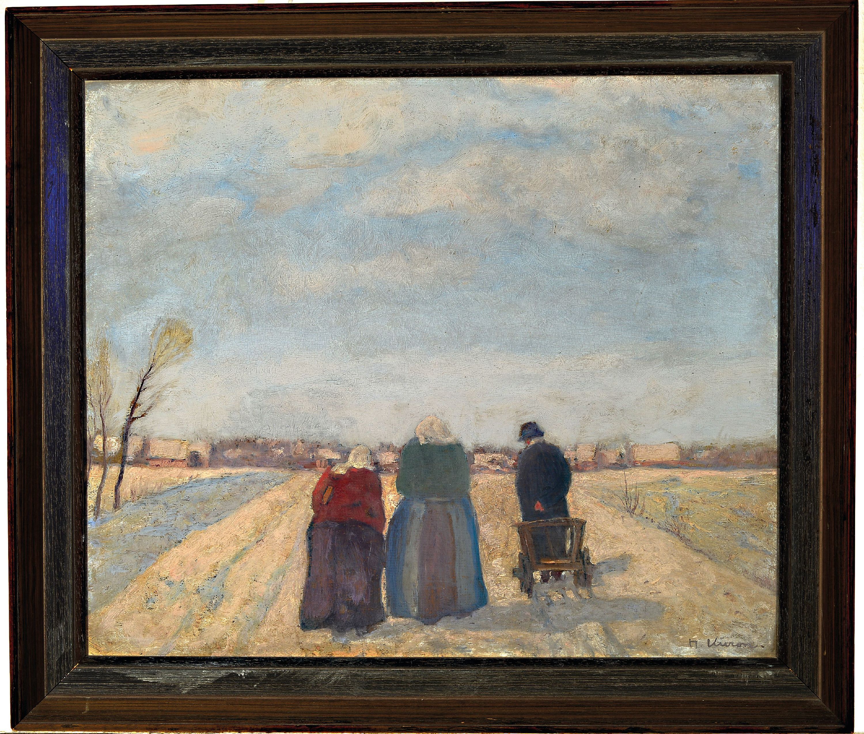 Detail k: Herbert Kuron, 1888 Breslau-1951 Berlin, Kirchgang im Winter, rückseitig so betitelt, Öl/Malkarton, rechts unten signiert, ca. 50x 60cm, R. ca. ...