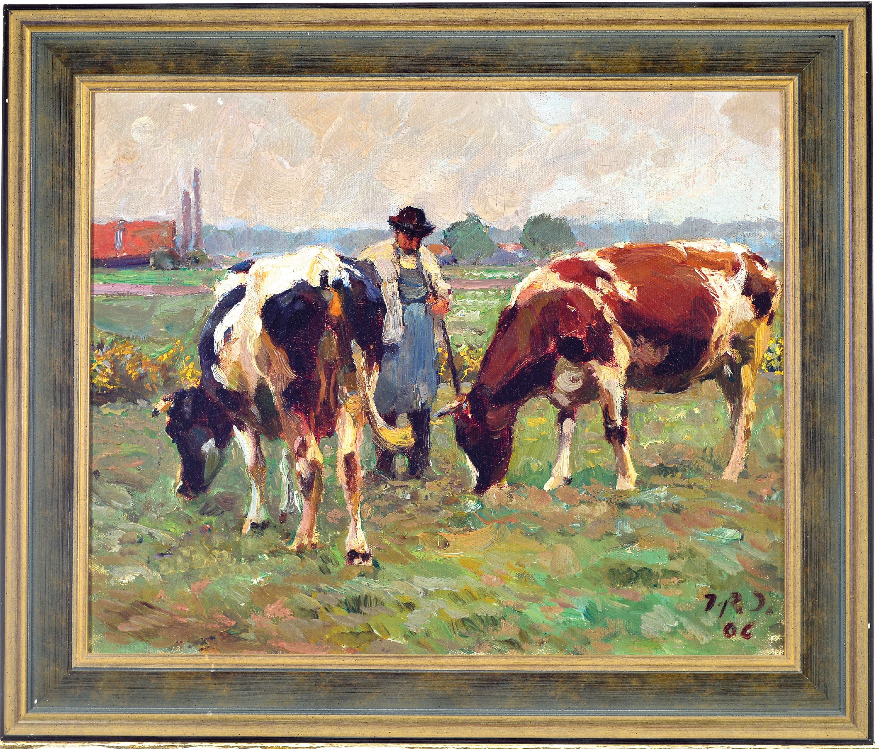 Detail k: Julius Paul Junghanns, 1876 Wien-1958 Düsseldorf, Bauer mit zwei Kühen auf der Weide, Öl/Lwd, rechts unten monogr. J.P.J. und dat. 06, ca. ...
