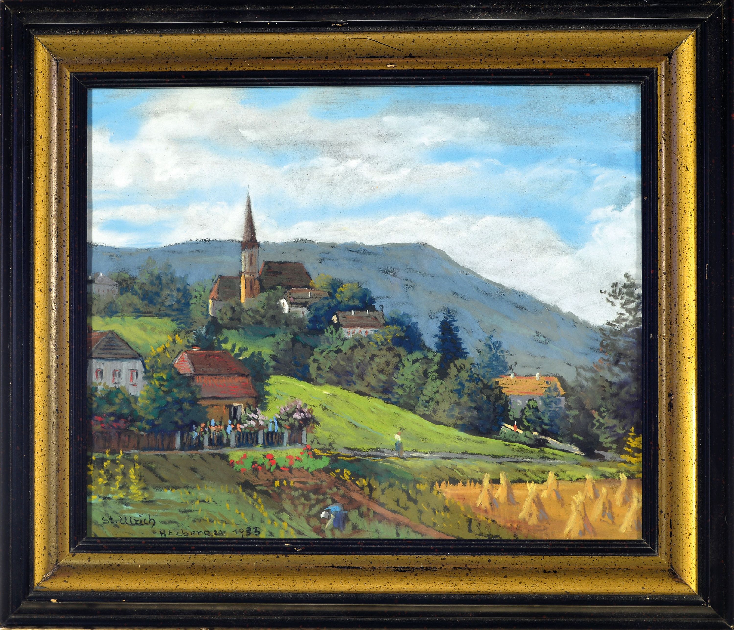 Detail k: Hans Atzberger, Maler der 1. Hälfte des 20. Jh., Blick auf St. Ulrich in der Steiermark, Pastell auf Papier, links unten bez. St. Ulrich, signiert ...