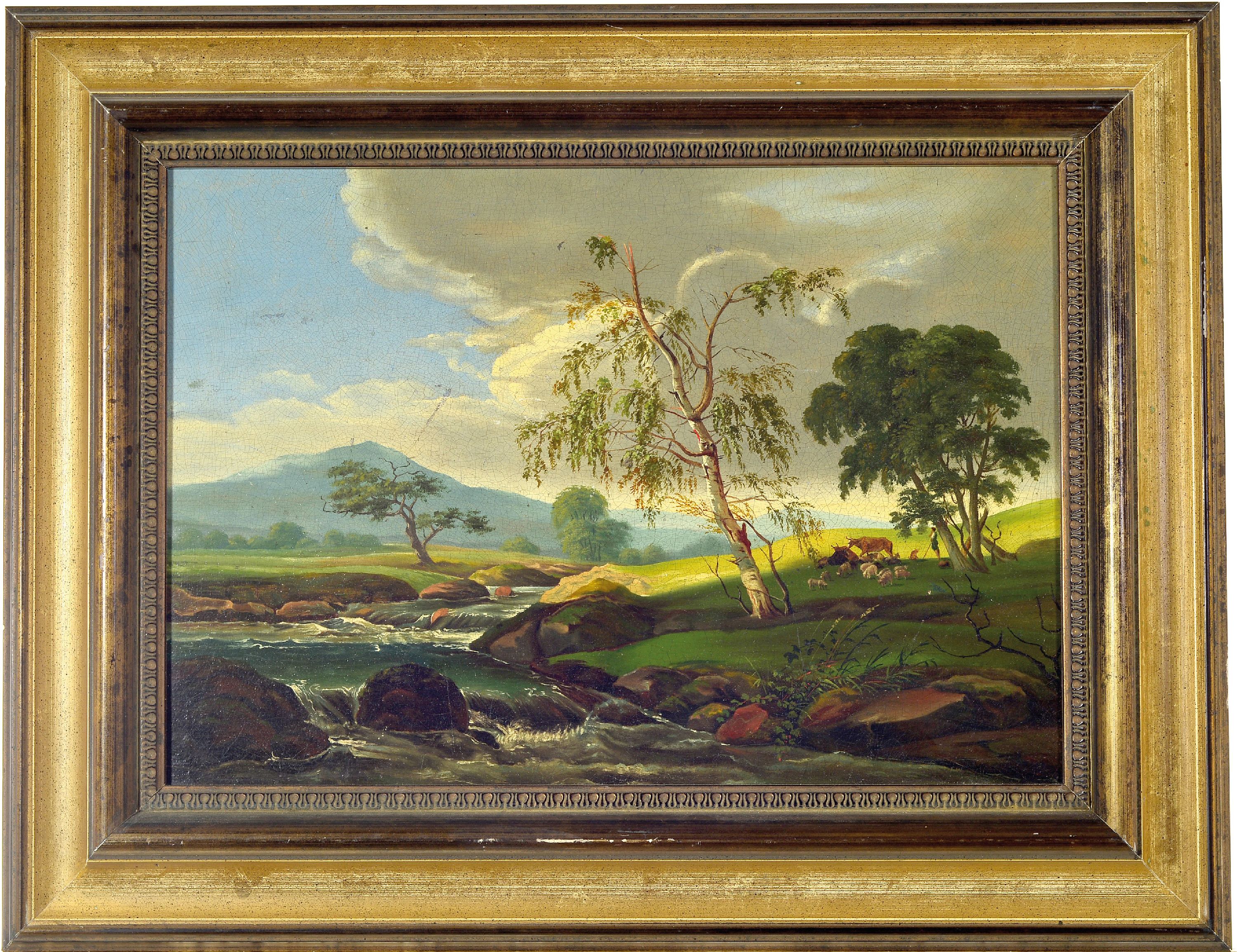 Detail k: Julius Hans Gräder, Hofmaler in Schwerin, Romantische Landschaft, so rückseitig auf altem Etikett betitelt und Gräder zugeschrieben, ...