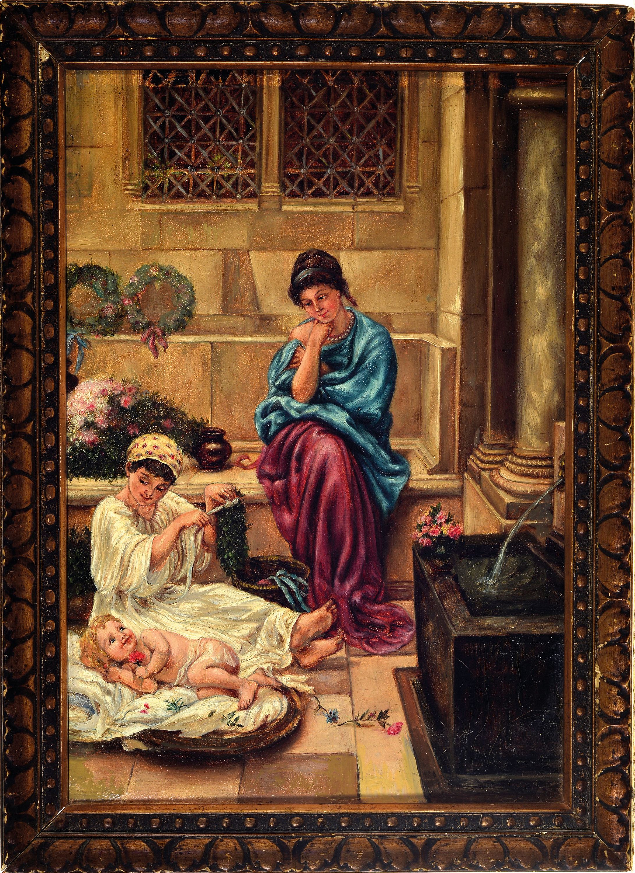 Detail k: Unbekannter Künstler des 19. Jh., Römische Familie auf der Terrasse, Öl/Lwd, unsign., rest., ca. 31x23cm, R. ca. 37x27cm