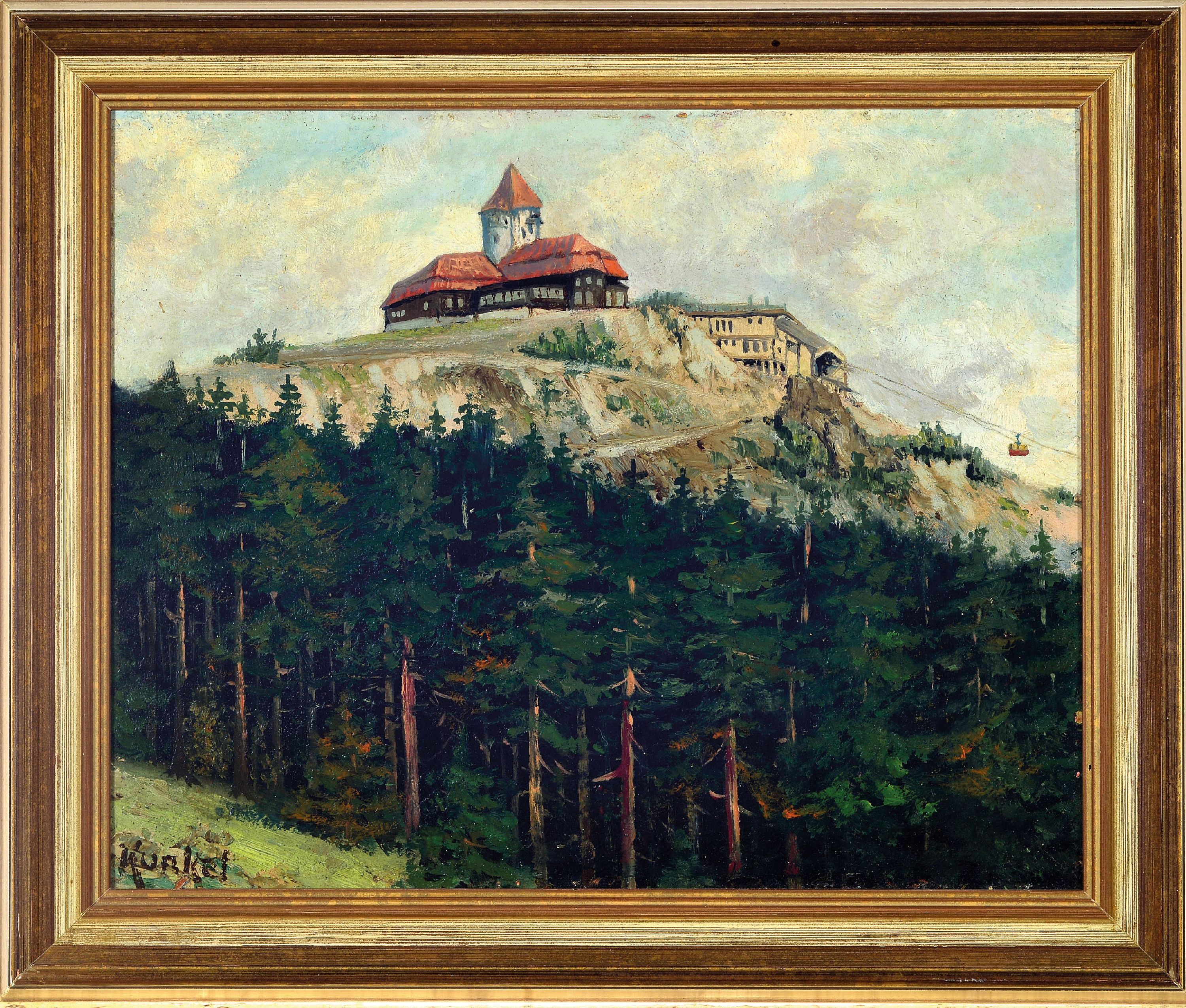 Detail k: Kunkel, Maler der 1. Hälfte des 20. Jh., Blick auf das Jeschkenhaus bei Reichenberg im Jeschkengebirge Nordböhmen (Jested, Tschechien), ...