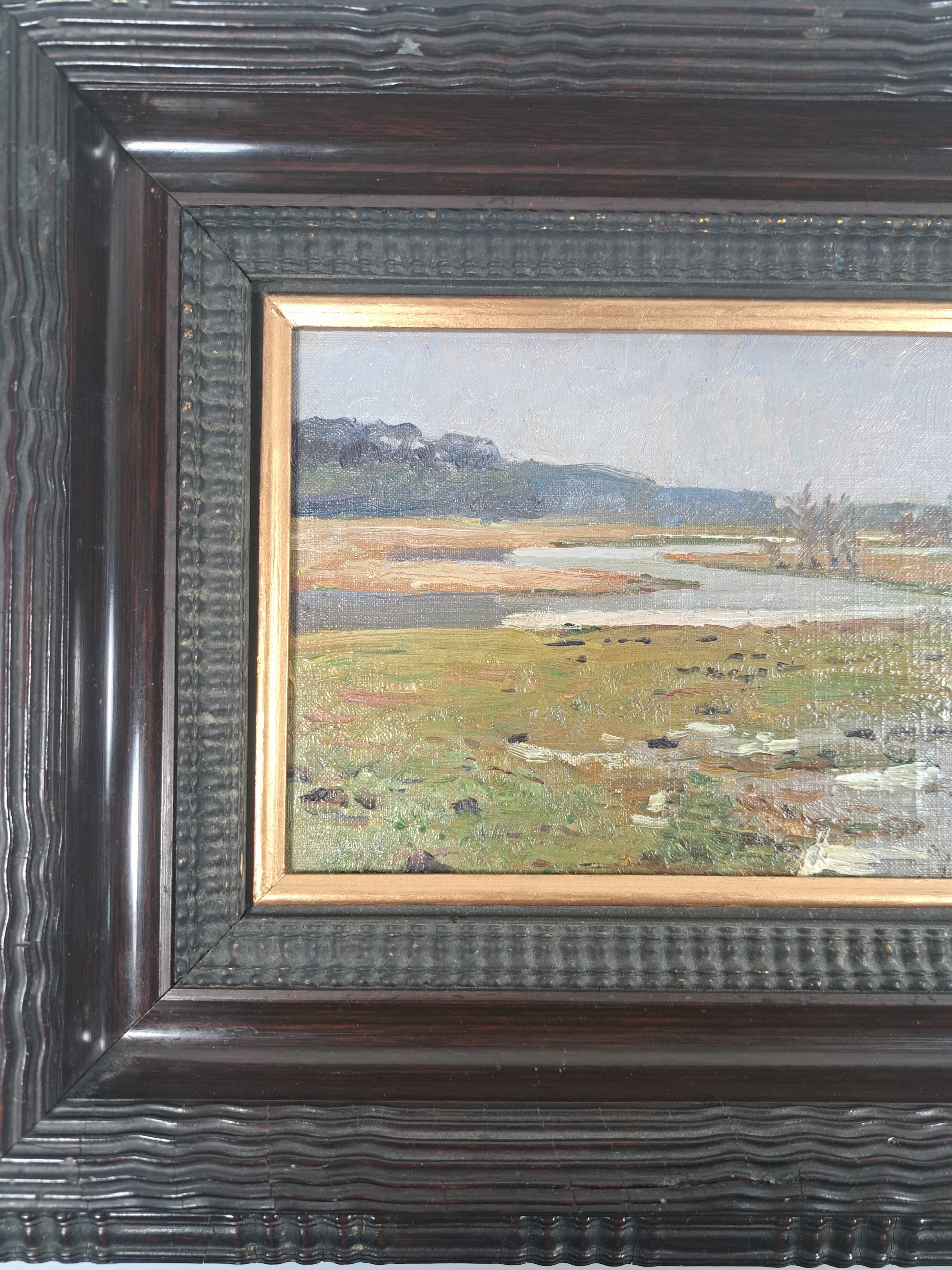 Detail a: Zuschreibung: Paul Baum, 1859 Meissen-1932 San Gimignano, Studie wohl Dachauer Landschaft,Bachlauf mit bewaldetem Ufer, am Horizont Blick wohl auf ...