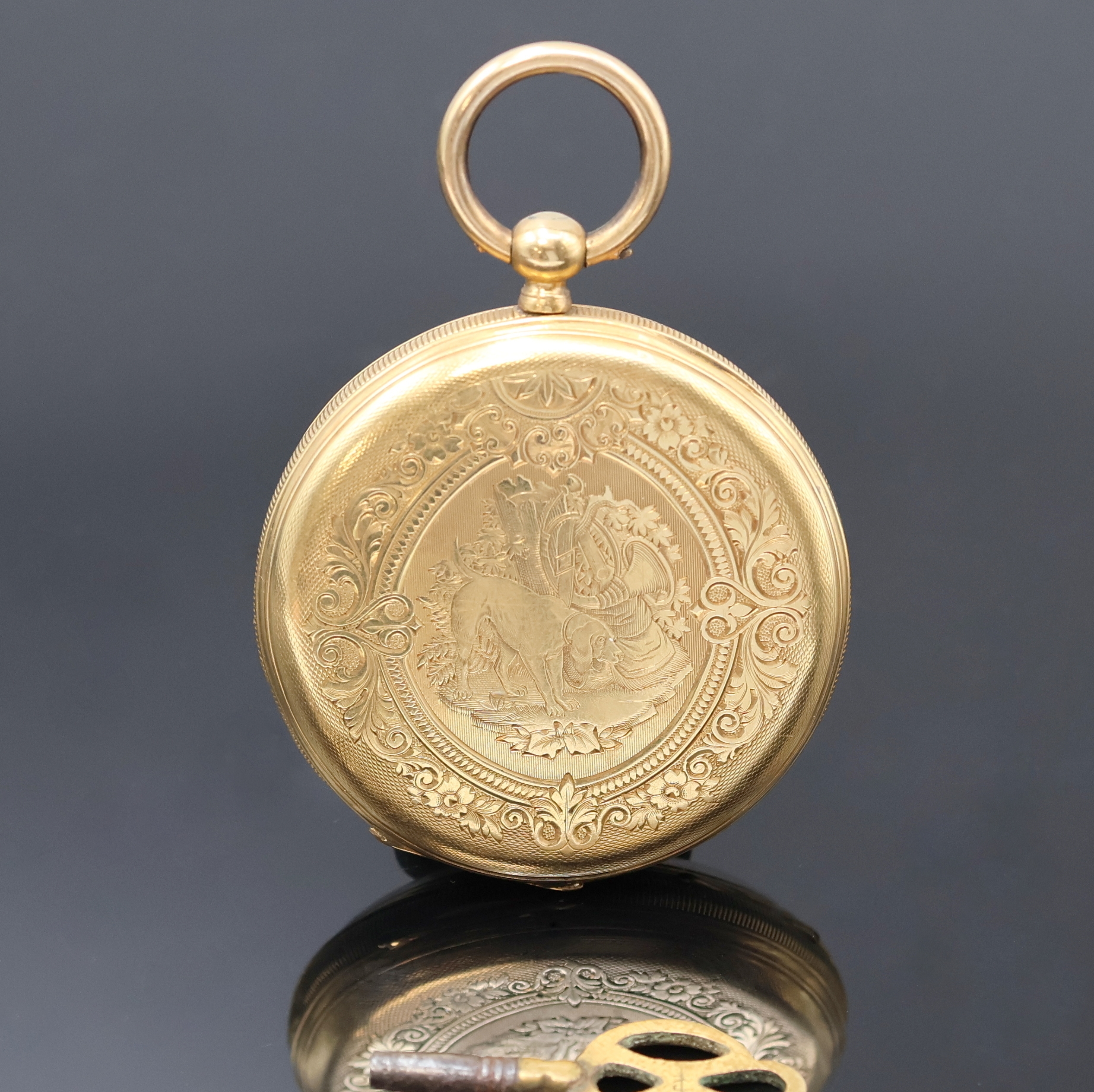 Detail a: Offene Herrentaschenuhr in GG 750/000 mit Schlüsselaufzug, Schweiz um 1860, guill., aufw. grav. Geh. dell. m. geripptem Rand, Emailzifferbl. ...
