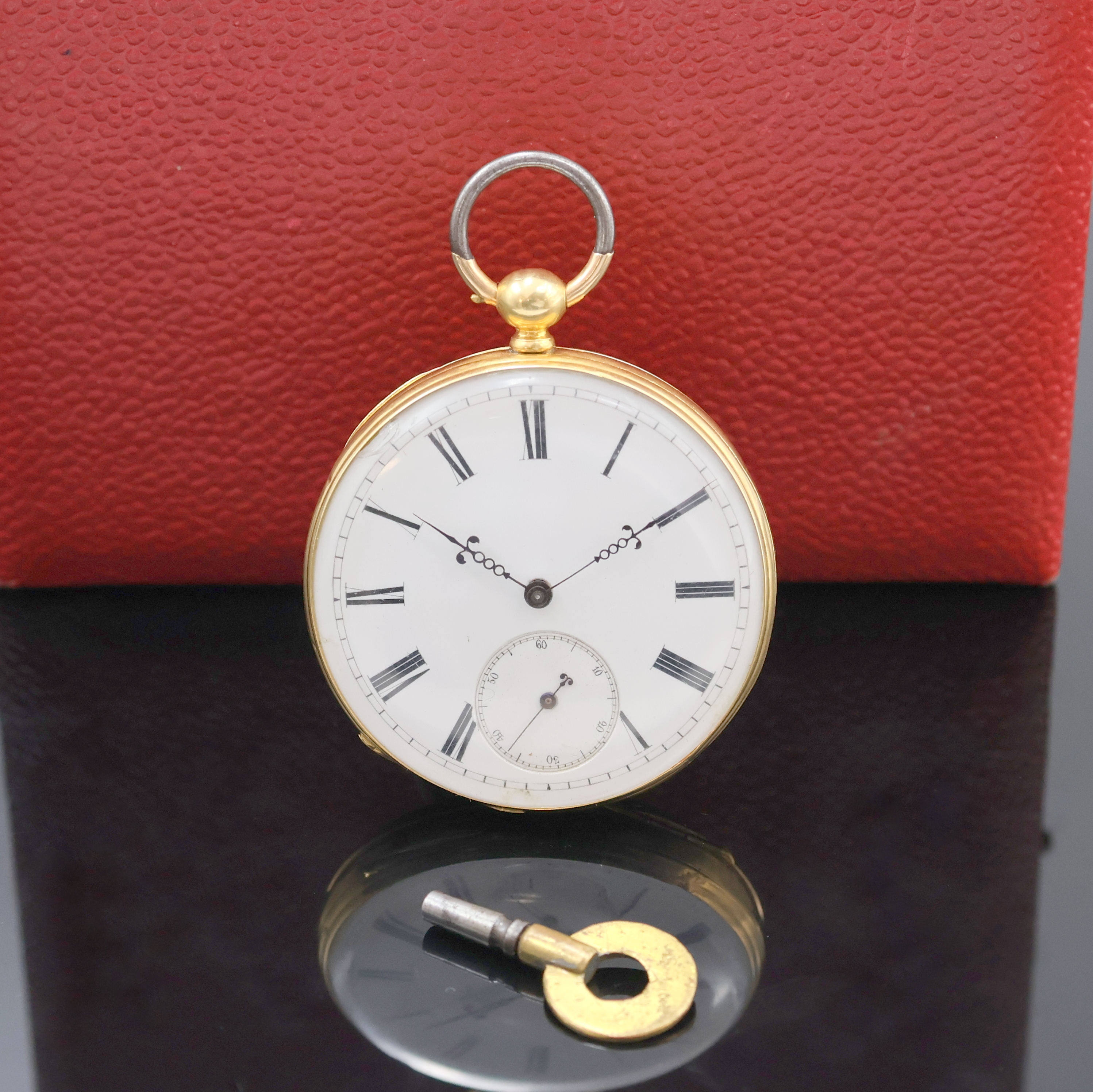 Image 27036736 - Offene Herrentaschenuhr in GG 750/000 mit Schlüsselaufzug, Schweiz um 1860, guill. Geh. ...
