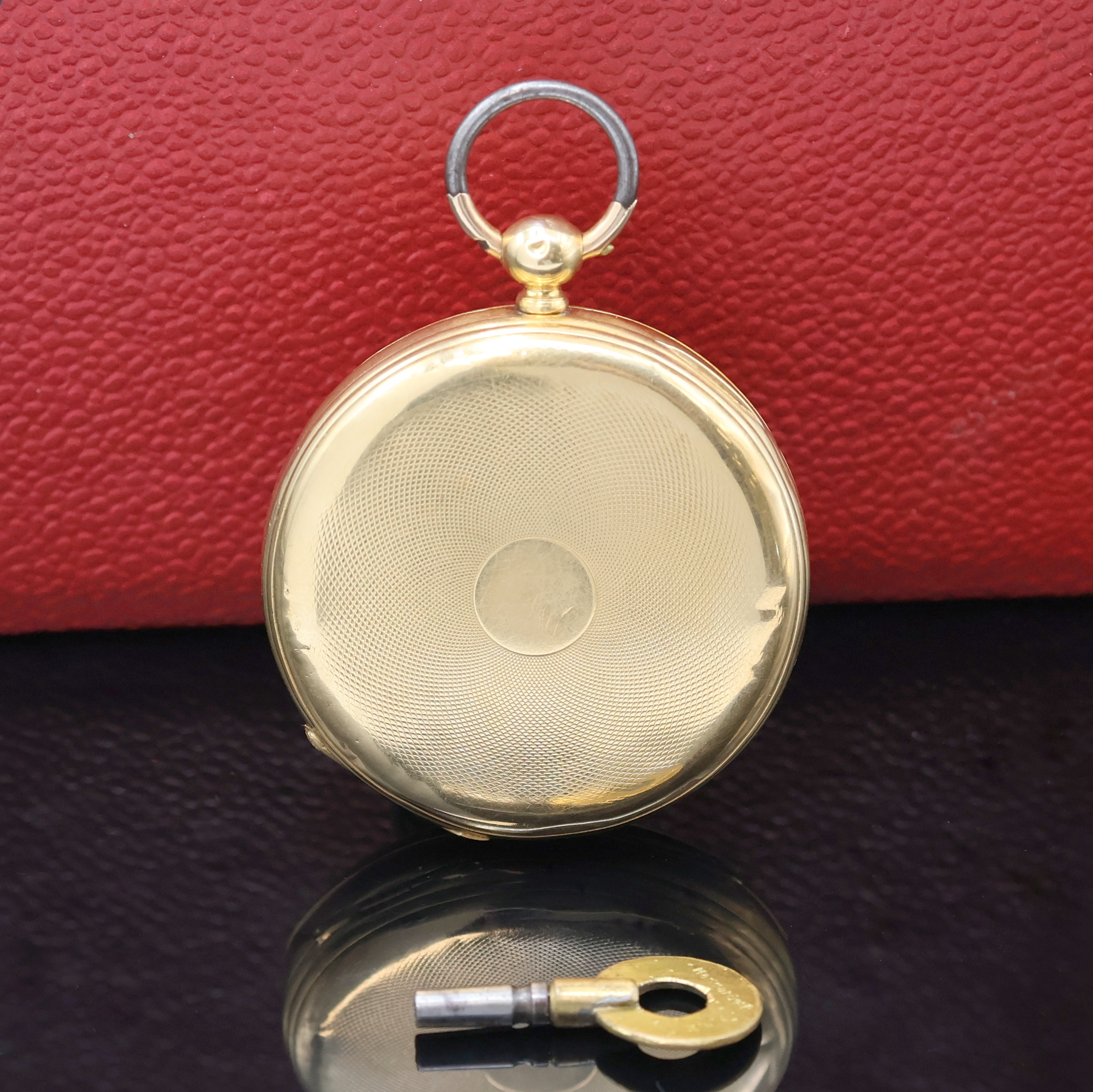 Detail a: Offene Herrentaschenuhr in GG 750/000 mit Schlüsselaufzug, Schweiz um 1860, guill. Geh. dell., Metall Cuvette, Emailzifferbl., röm. Zahlen, kl. ...