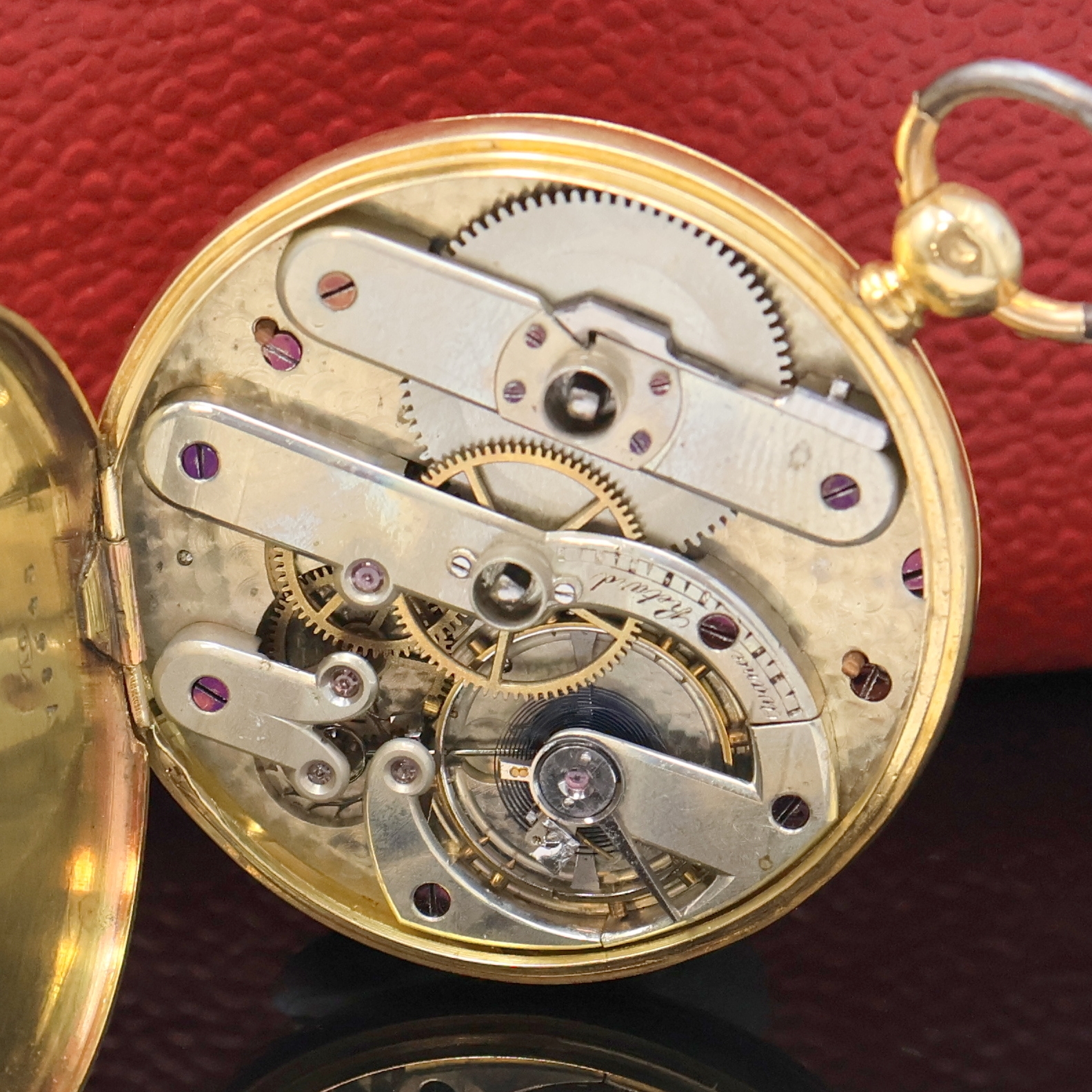 Detail d: Offene Herrentaschenuhr in GG 750/000 mit Schlüsselaufzug, Schweiz um 1860, guill. Geh. dell., Metall Cuvette, Emailzifferbl., röm. Zahlen, kl. ...