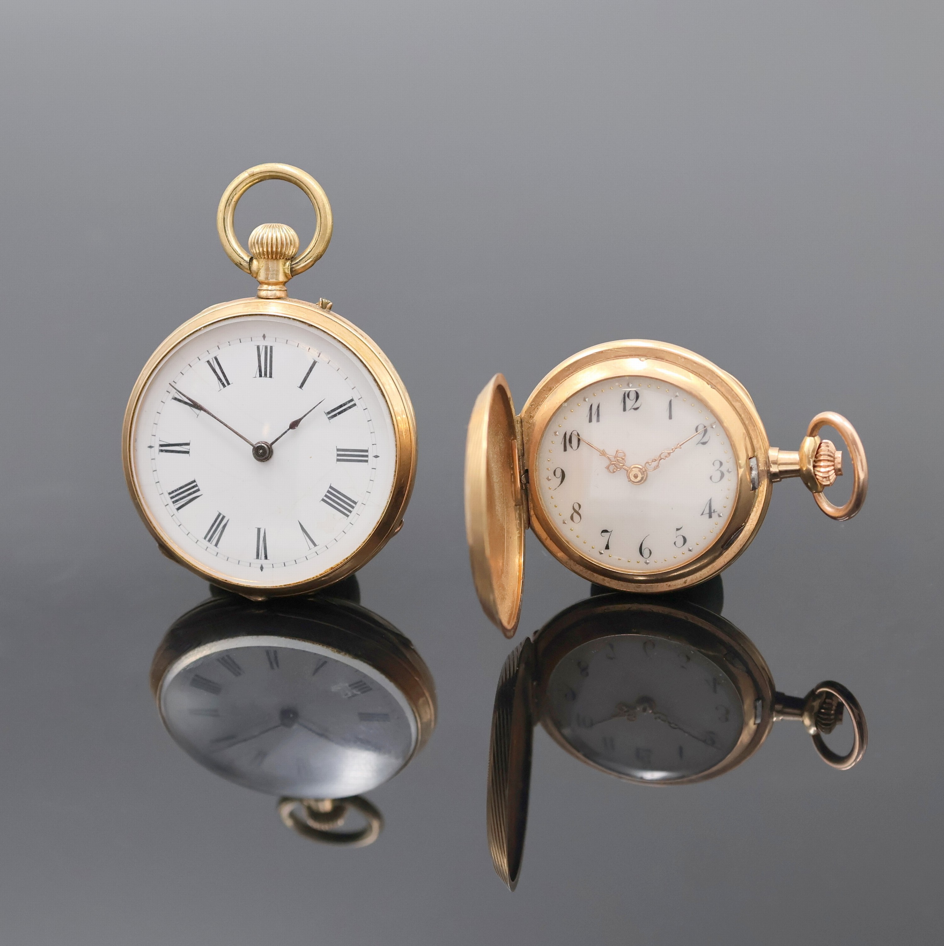 Image 27036737 - Set of 2 14k pink gold ladies pocket watches, Switzerland around 1880/1900, engine-turned ...