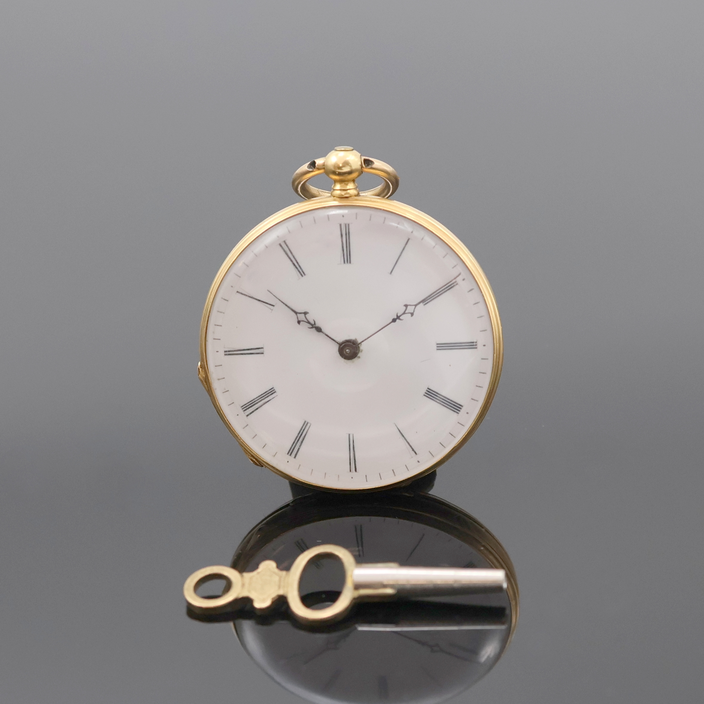 Image 27036738 - Offene Damentaschenuhr in GG 750/000 mit Schlüsselaufzug, Schweiz um 1870, guill. Geh. ...