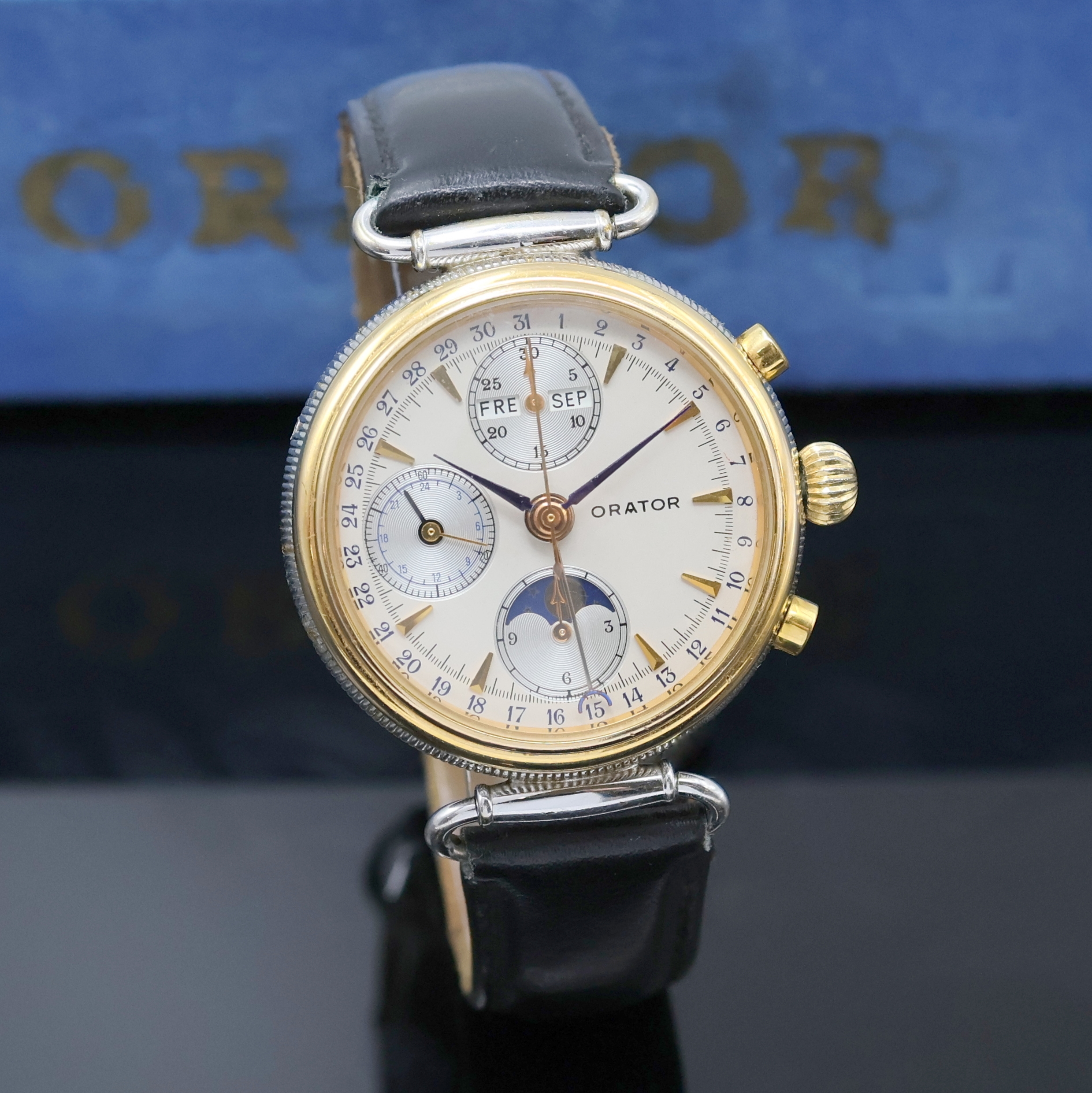 Detail b: ORATOR schöner Herrenchronograph in 2-farbig vergoldetem Gehäuse mit Vollkalender, Schweiz um 1990, Automatik, beids. vergl. Geh. m. bewegl. ...