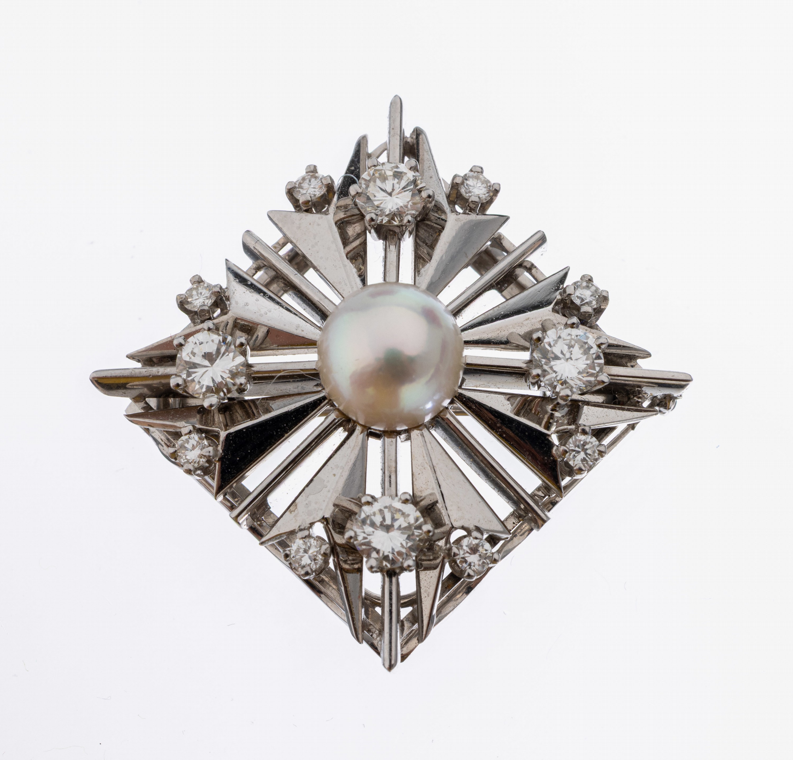 Image 27036794 - 18 kt Gold Brillant-Perl-Brosche, WG 750/000, quadratisch mit strahlenf. Elementen,12 ...