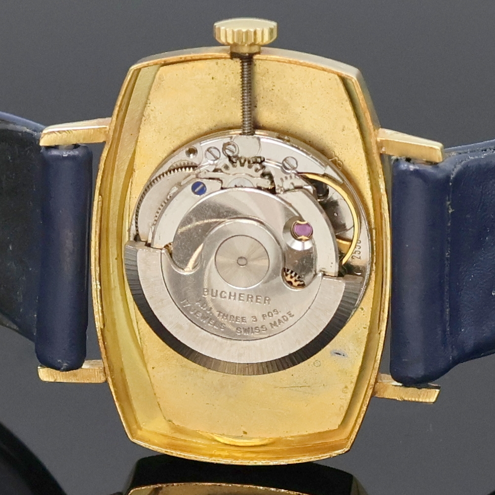 Detail d: BUCHERER Armbanduhr in GG 750/000, Schweiz um 1970, Automatik, Boden aufgedr., blaues Zifferbl. m. röm. Zahlen, gold. Zeiger, Kal. ETA 2550, 17 St., ...